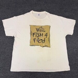 Vintage 90s Delta Will Fish 4 Food Graphic T-Shirt Mens XXL Cream Distressed
